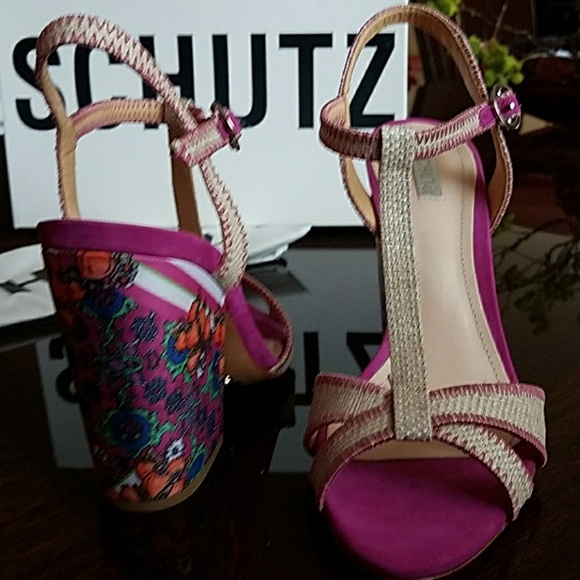 Schutz sandals, 4" floral silk heel. - Picture 2 of 8